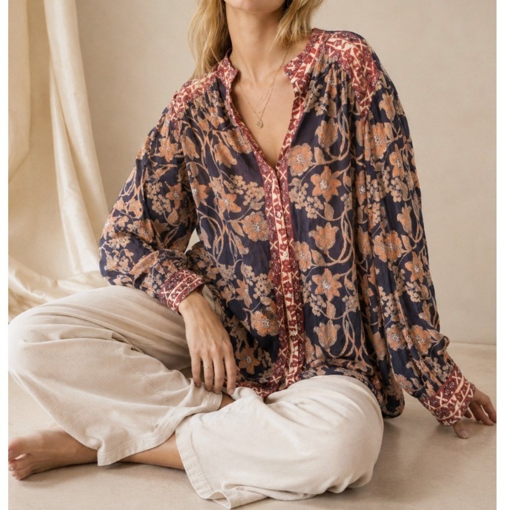 Free People Blouse Midnight Garden Floral Oversized Large Black Boho Fall Earthy
